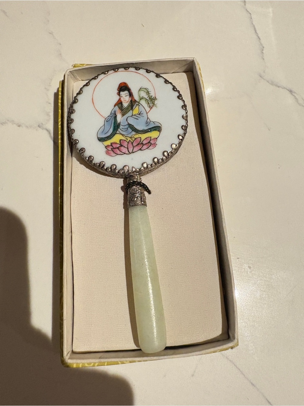 Vintage Japanese Hand Painted Porcelain & Jade Hand Mirror - White, Green, Pink